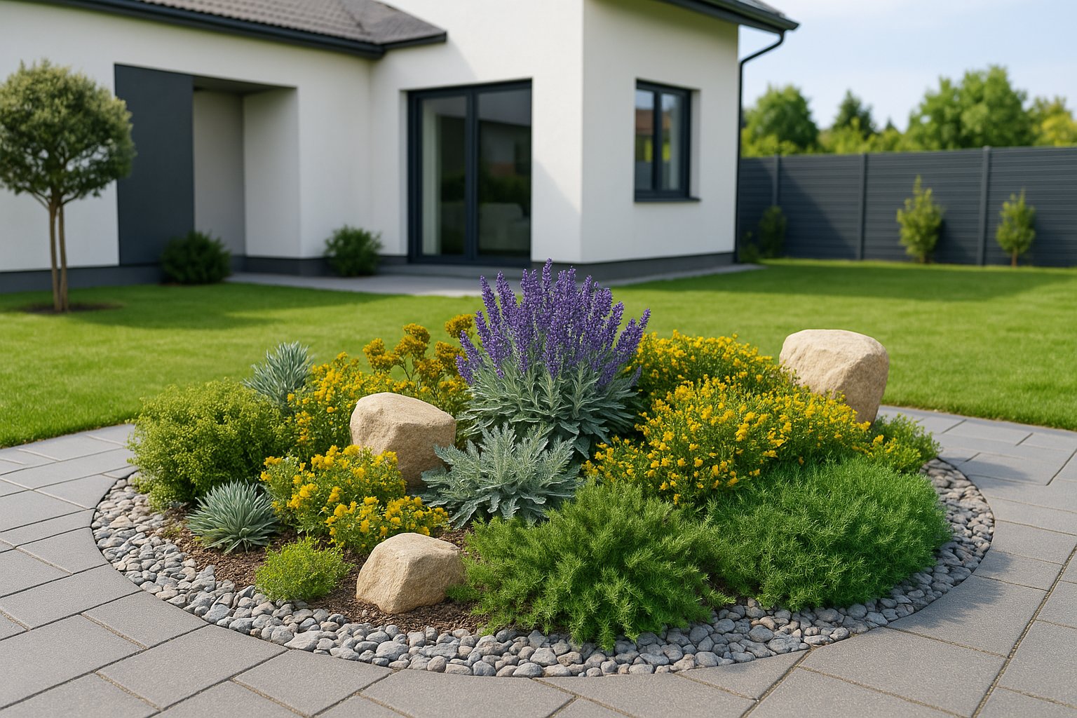 In spring, the circular rock garden bed creates a striking yellow-and-purple flowering accent by the house