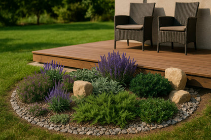 In summer, purple-flowering perennials and aromatic herbs form a harmonious composition with evergreen shrubs beside the terrace