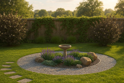 The rock garden bed forms a natural frame for a bird bath, combining purple flowers and decorative boulders in a harmonious composition