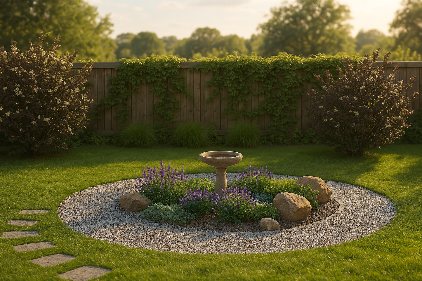 The rock garden bed forms a natural frame for a bird bath, combining purple flowers and decorative boulders in a harmonious composition