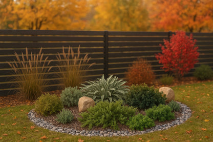The island bed of evergreen plants on the lawn provides a calm, structural contrast to the fiery colors of autumn