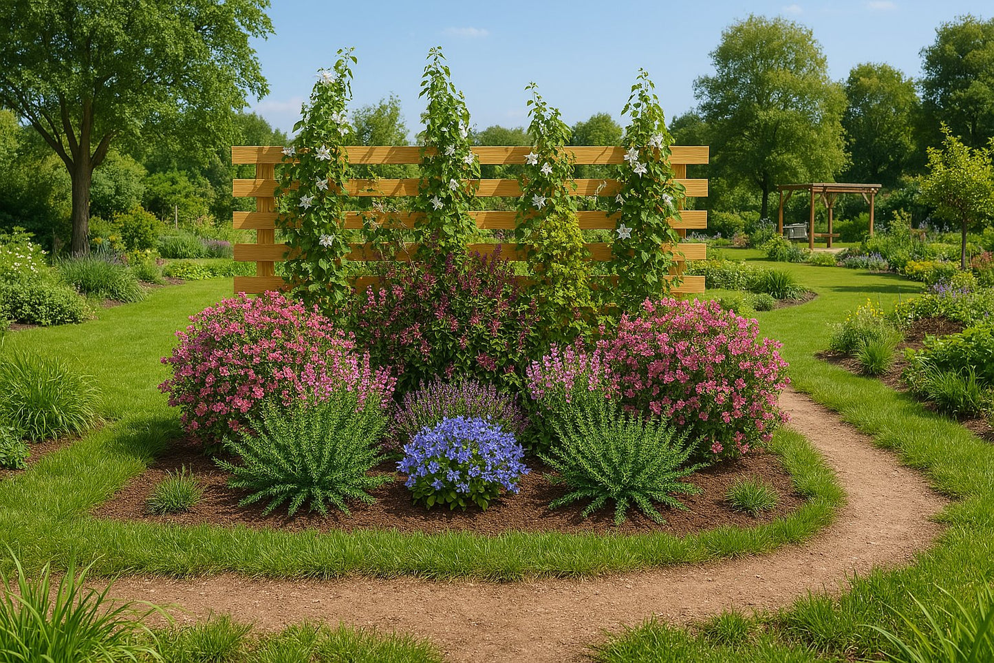 A summer garden with a wooden pergola covered in flowering clematis, surrounded by pink spireas and blue bellflowers in a green setting