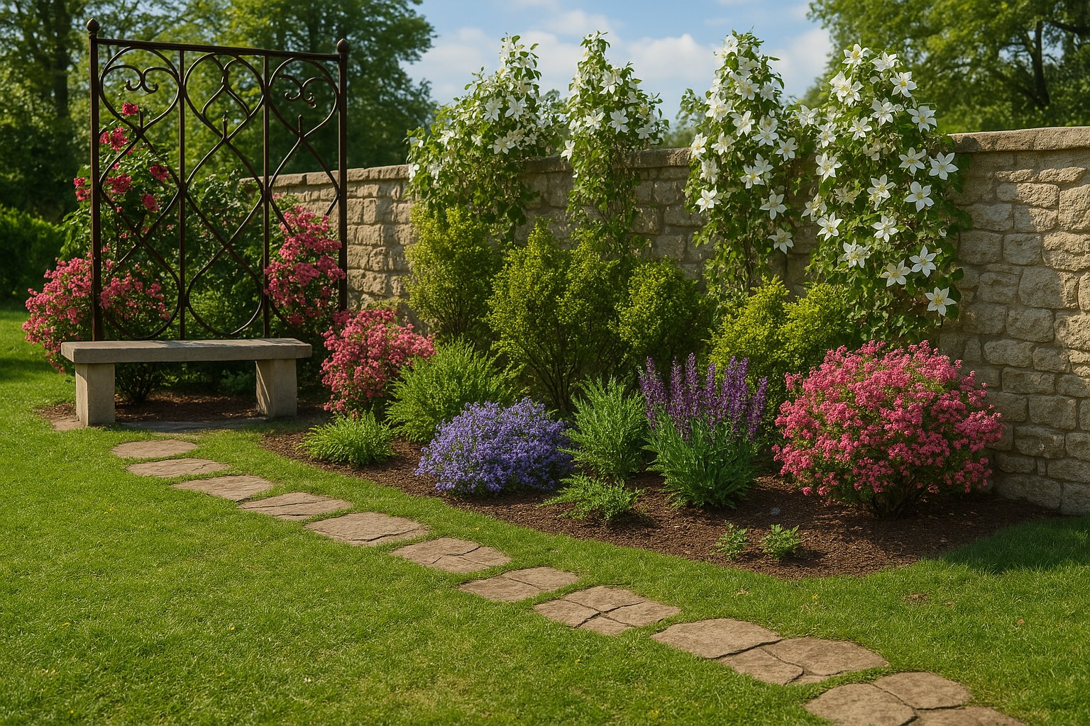 White clematis cascades down a stone wall, while at its feet vivid pink spireas and purple perennials form a colorful summer screen, inviting you into a romantic corner of the garden