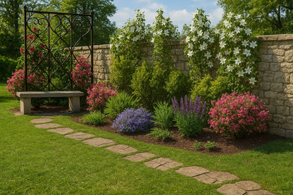 White clematis cascades down a stone wall, while at its feet vivid pink spireas and purple perennials form a colorful summer screen, inviting you into a romantic corner of the garden