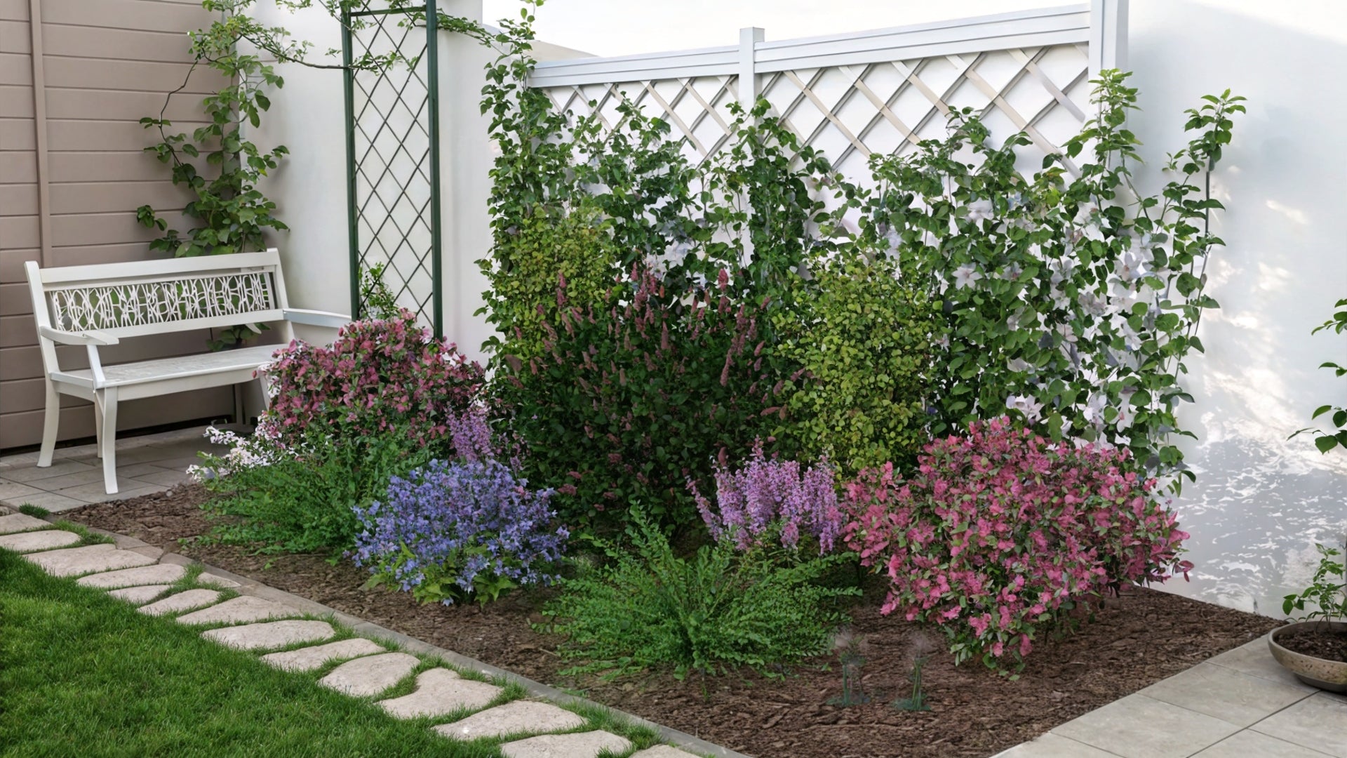 A flowering screen along a path - lush clematis climbs the fence trellis to form a natural curtain, while pink spireas and purple perennials settle into soft layers, drawing the eye toward a cozy nook with a bench