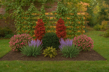 Fiery red barberries contrast with green climbers on a trellis, creating a multi-layered screen against the autumn landscape