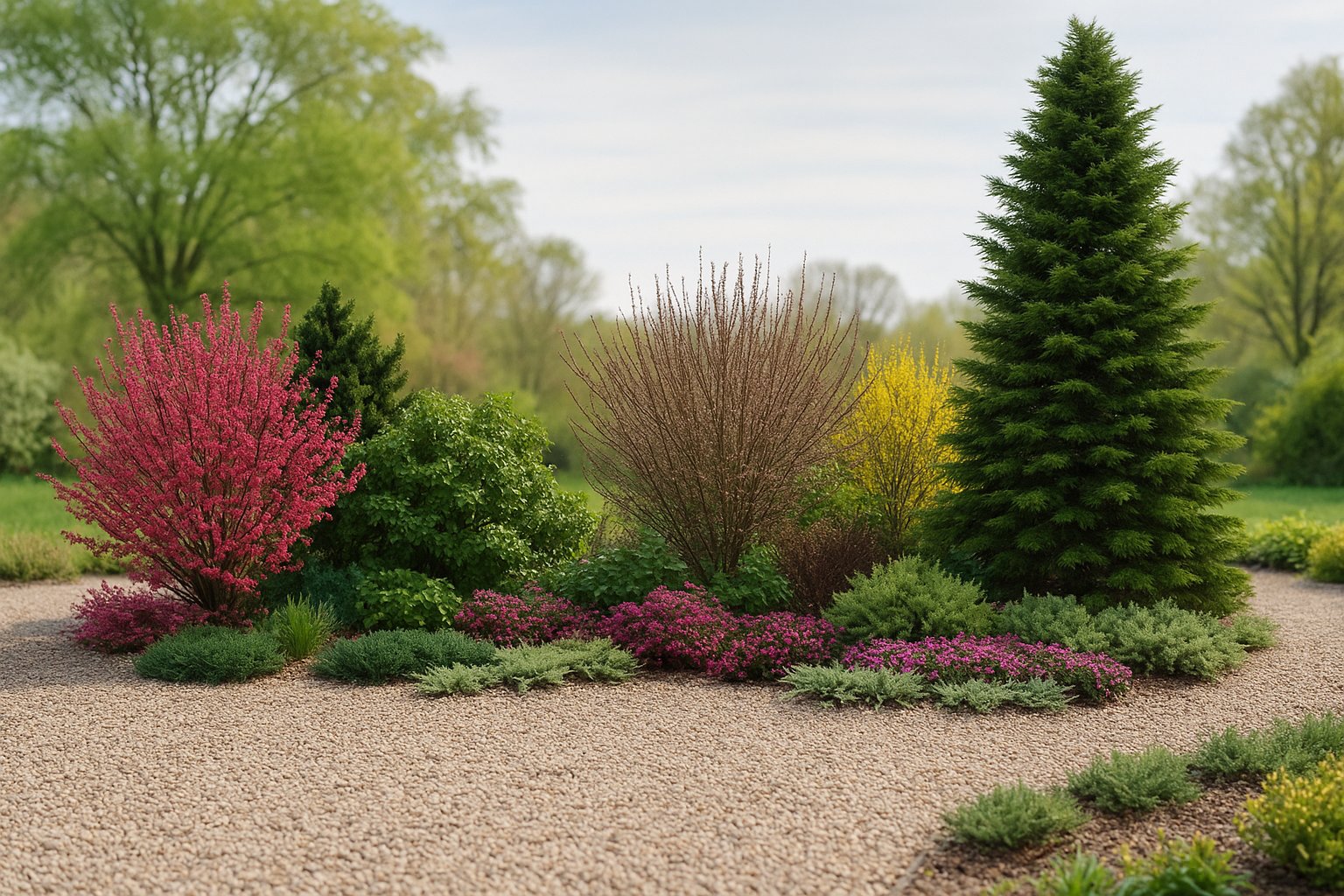 In spring the bed delights with the contrast of intensely red broom flowers, delicate pink heaths forming a carpet at the base, and yellow accents, all strikingly framed by conifers in varied shades of green