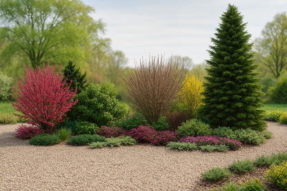 In spring the bed delights with the contrast of intensely red broom flowers, delicate pink heaths forming a carpet at the base, and yellow accents, all strikingly framed by conifers in varied shades of green