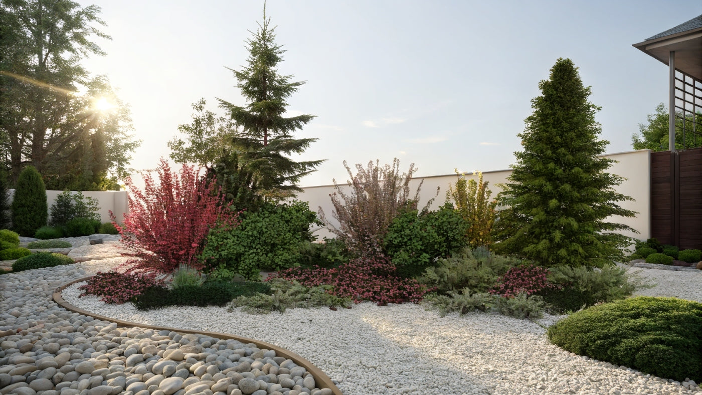 A heather bed in a modern gravel garden - brooms and heaths provide a vivid splash of color, contrasting strikingly with the green of the conifers and the minimalist surroundings