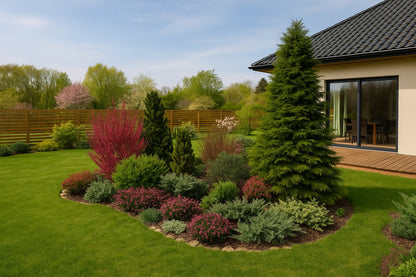 The spring bed surprises with its harmonious color pairing - red broom shoots and pink daphne flowers rise above a carpet of heaths, completed by conifers in varied shades of green, creating a striking composition against a well-kept lawn