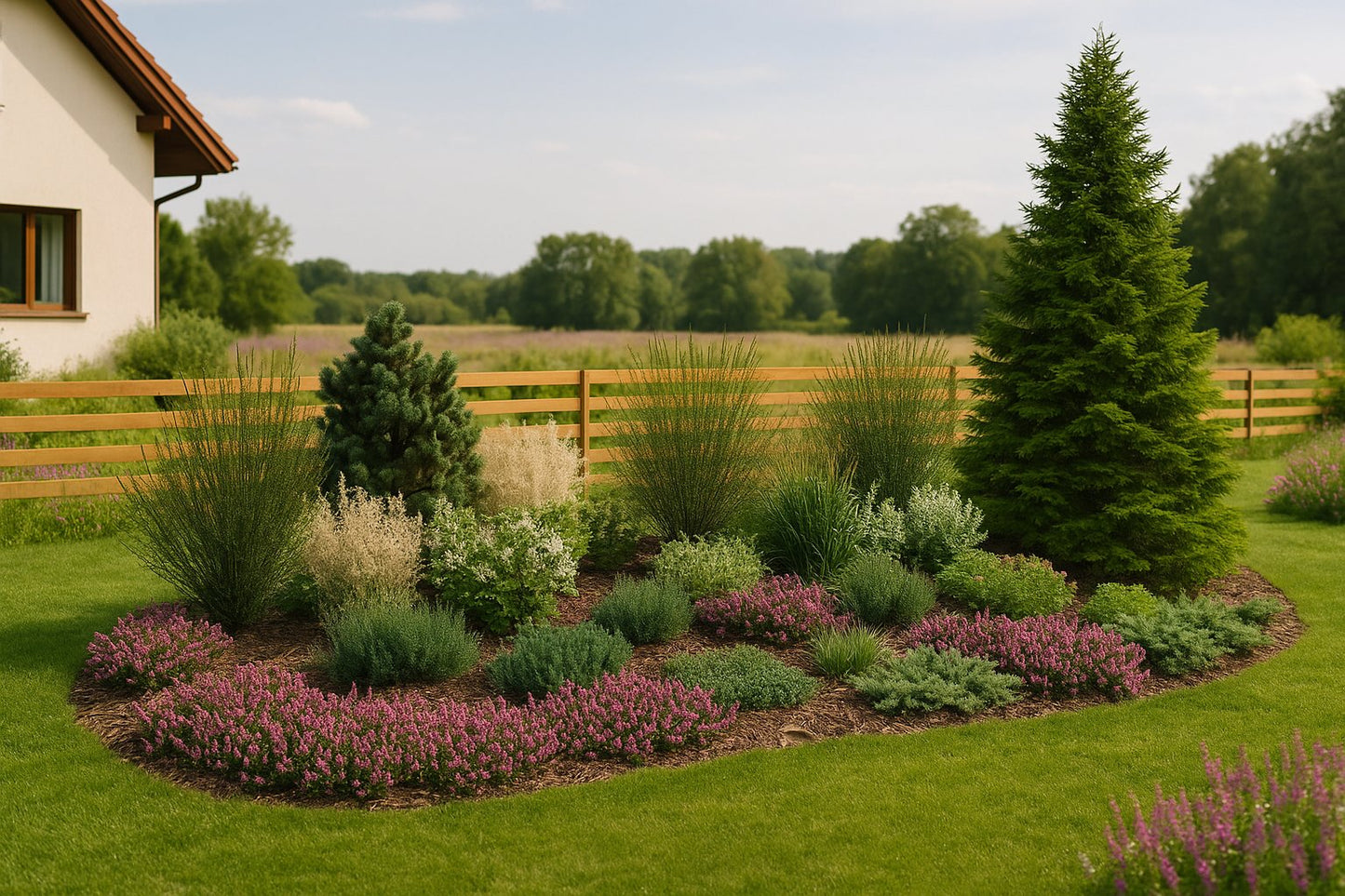In summer the bed delights with a harmonious combination of flowering daphnes, slender ornamental grasses, and evergreen conifers in varied shades, blending perfectly into the rural landscape