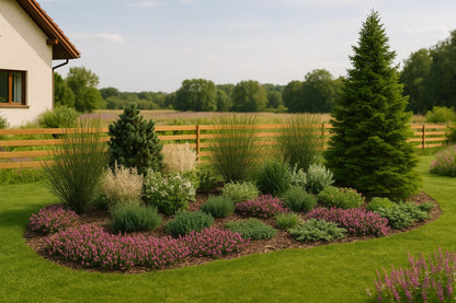 In summer the bed delights with a harmonious combination of flowering daphnes, slender ornamental grasses, and evergreen conifers in varied shades, blending perfectly into the rural landscape