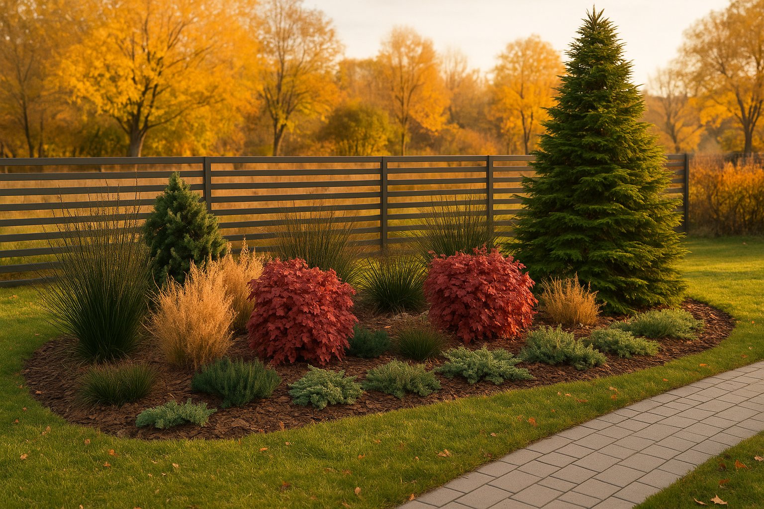 The bed's autumn display delights with a warm color palette - fiery red spirea leaves contrast with golden grass plumes, while evergreen conifers give the composition a stable structure