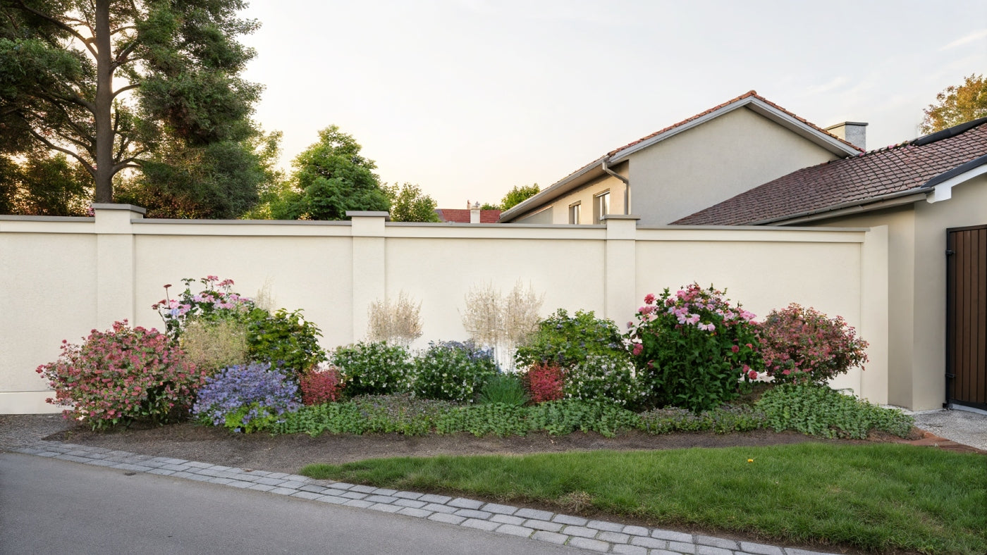 Summer view of the composition showing the varied plant heights and the structure of the arrangement in front of a fence wall