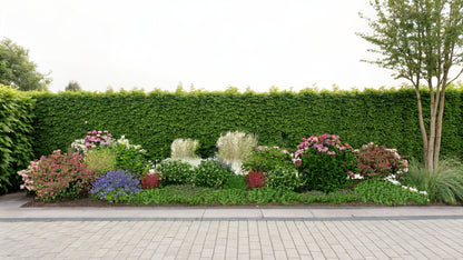 The garden bed in full summer glory - spireas, hydrangeas, and ornamental grasses form a multicolored composition against a green hedge, highlighting the garden's naturalistic character