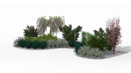 Spring view with flowering Japanese cherries, lilacs, and white spireas in the lower layer of the bed