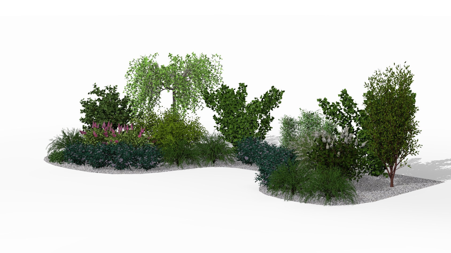Summer view of the garden bed with flowering hydrangeas and a butterfly bush drawing in butterflies