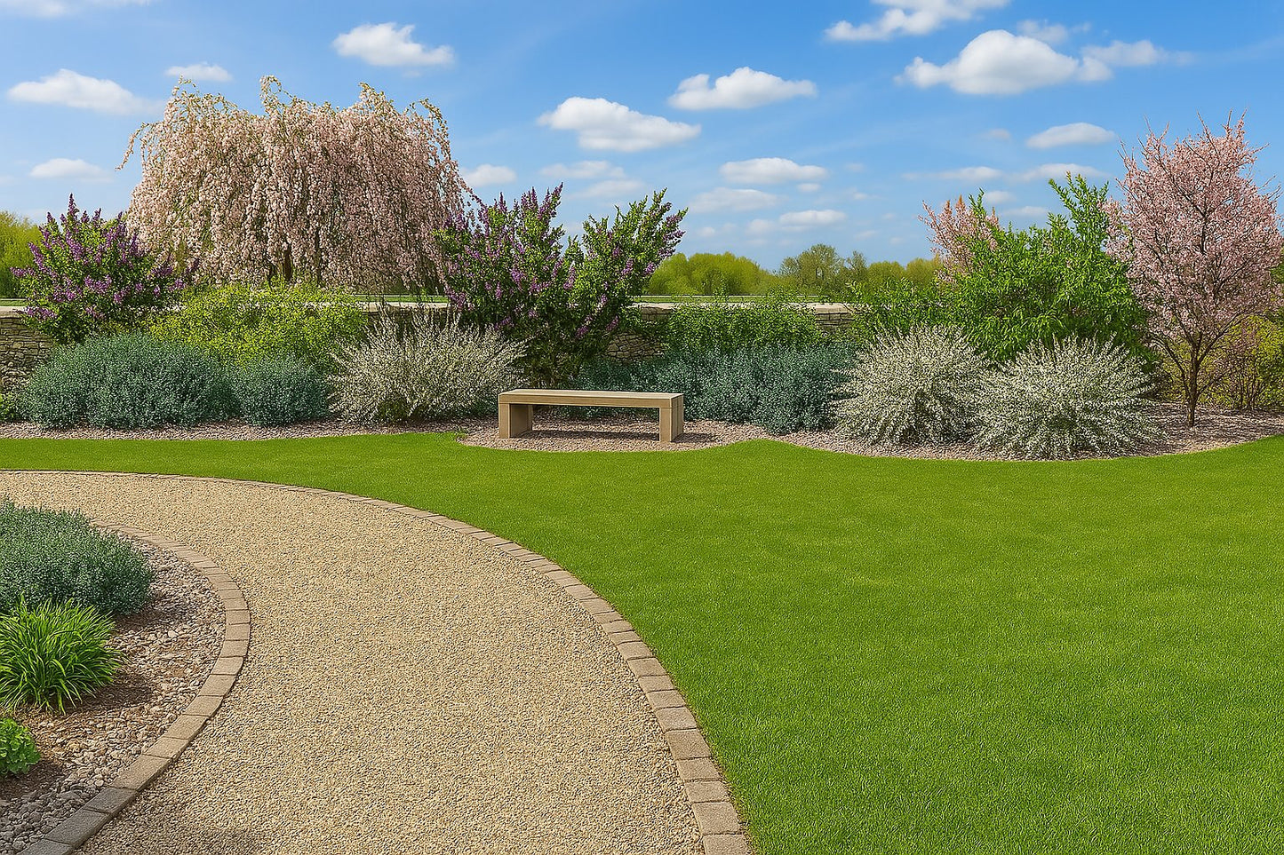 The flowering corner in spring - a picturesque bed with blossoming trees and shrubs by a wall, creating a perfect spot for rest and quiet contemplation of nature