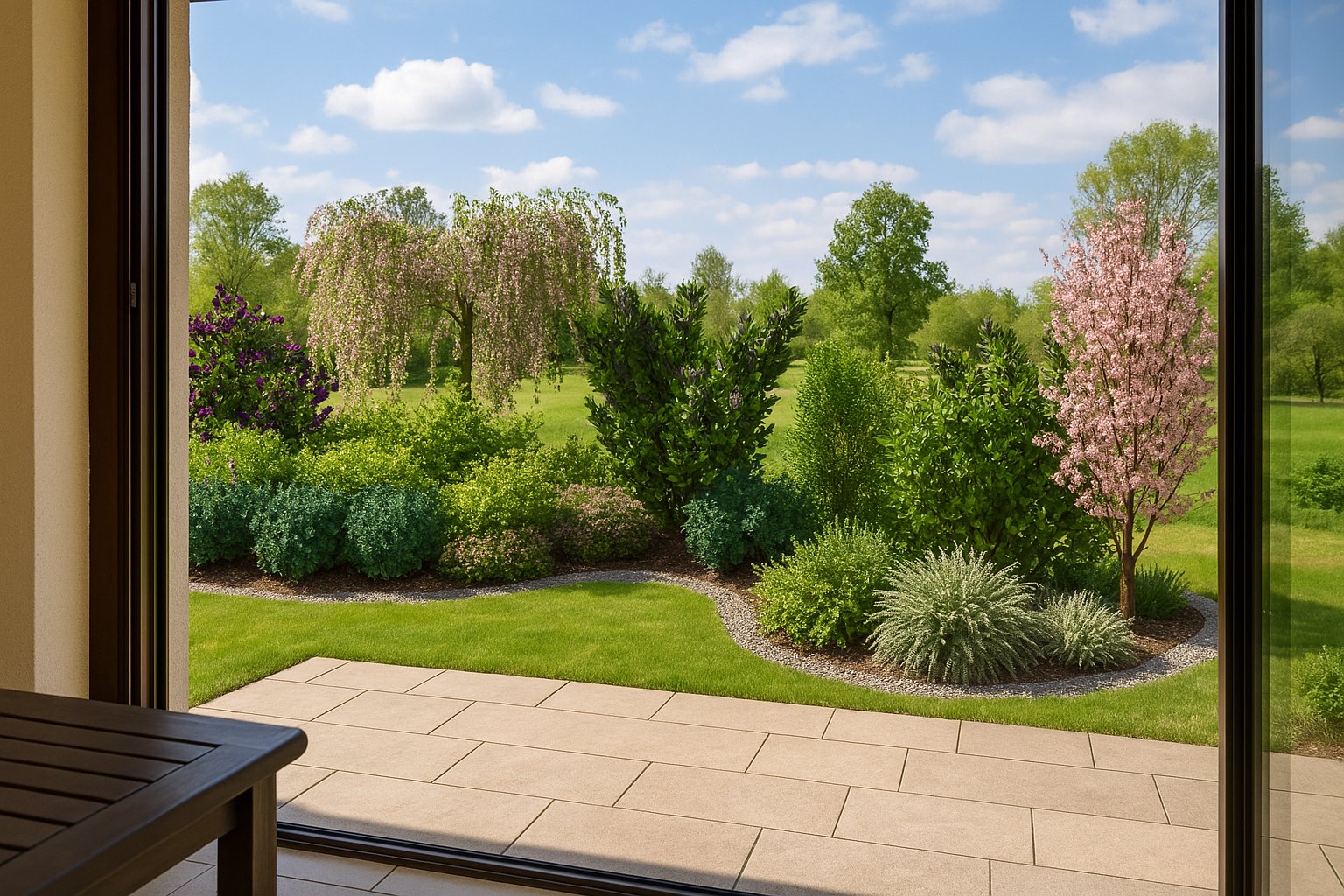 View from the living room onto the terrace and the spring composition of the bed - flowering trees and shrubs form a natural scene, delighting the household without stepping outside
