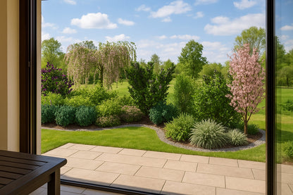 View from the living room onto the terrace and the spring composition of the bed - flowering trees and shrubs form a natural scene, delighting the household without stepping outside