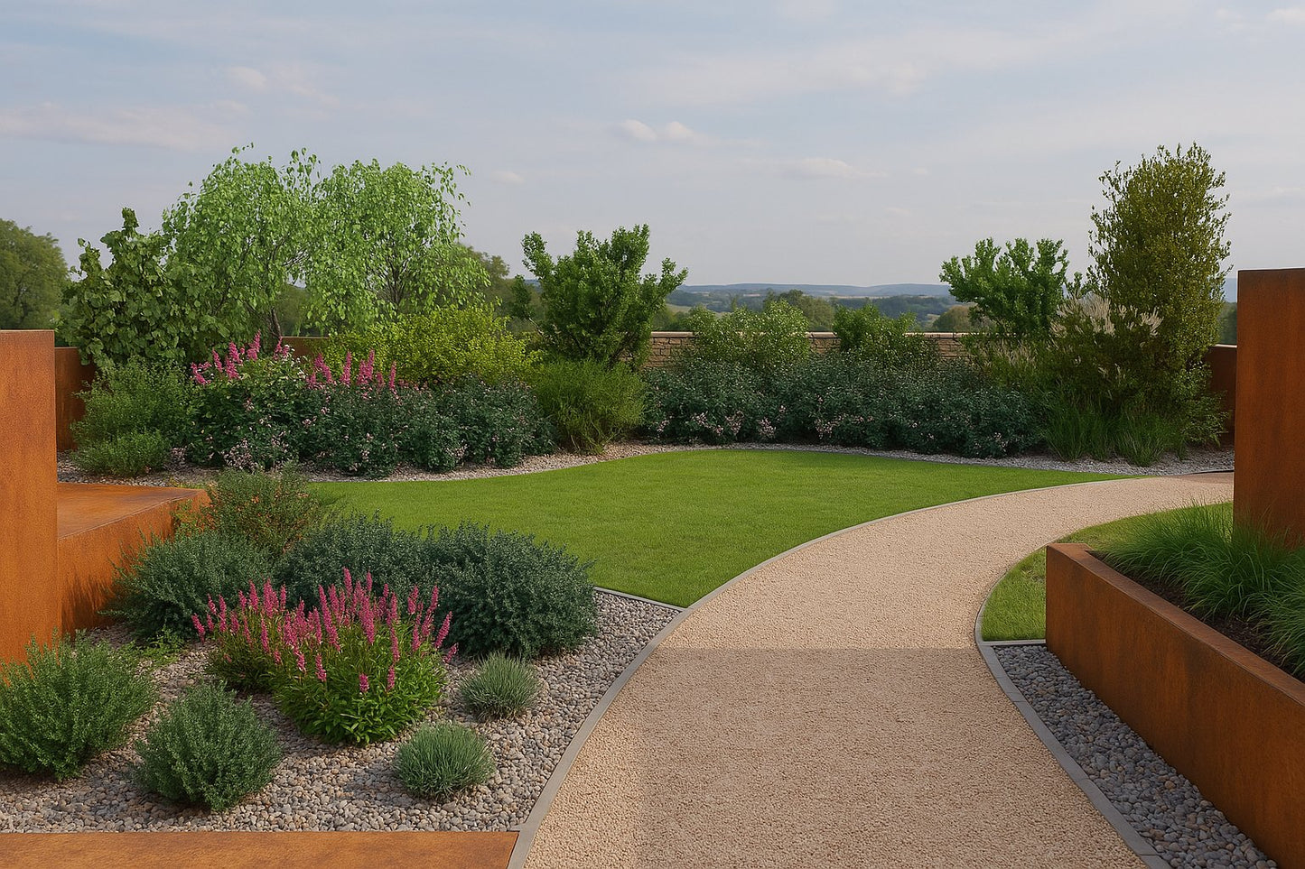 The flowering corner in summer - a bed of blooming shrubs along the fence forms a striking backdrop for the lawn and gravel path