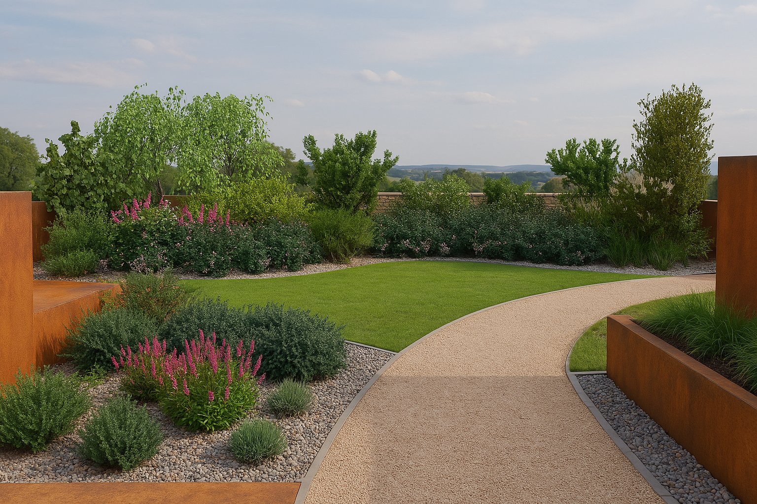 The flowering corner in summer - a bed of blooming shrubs along the fence forms a striking backdrop for the lawn and gravel path