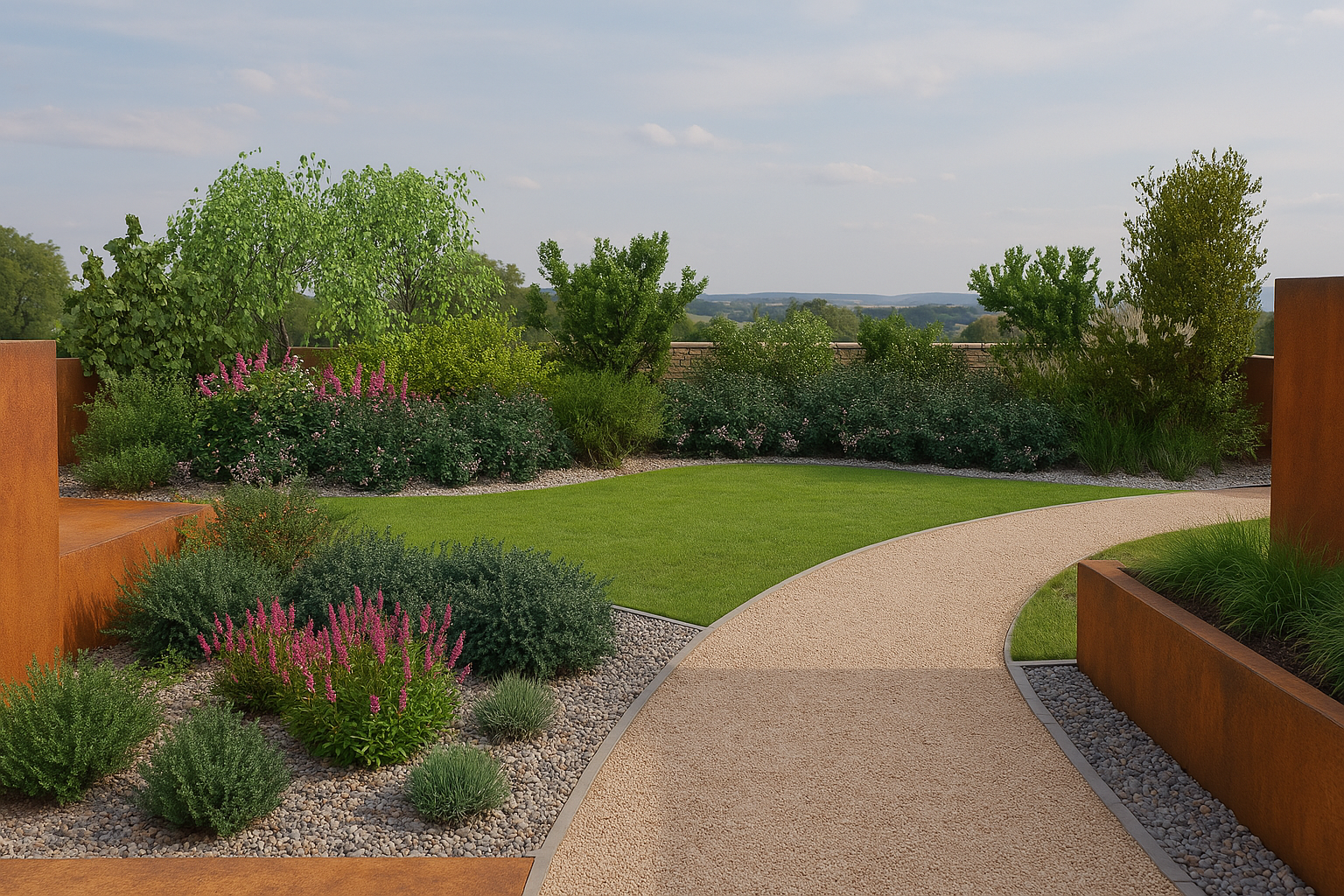 The flowering corner in summer - a bed of blooming shrubs along the fence forms a striking backdrop for the lawn and gravel path