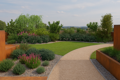 The flowering corner in summer - a bed of blooming shrubs along the fence forms a striking backdrop for the lawn and gravel path
