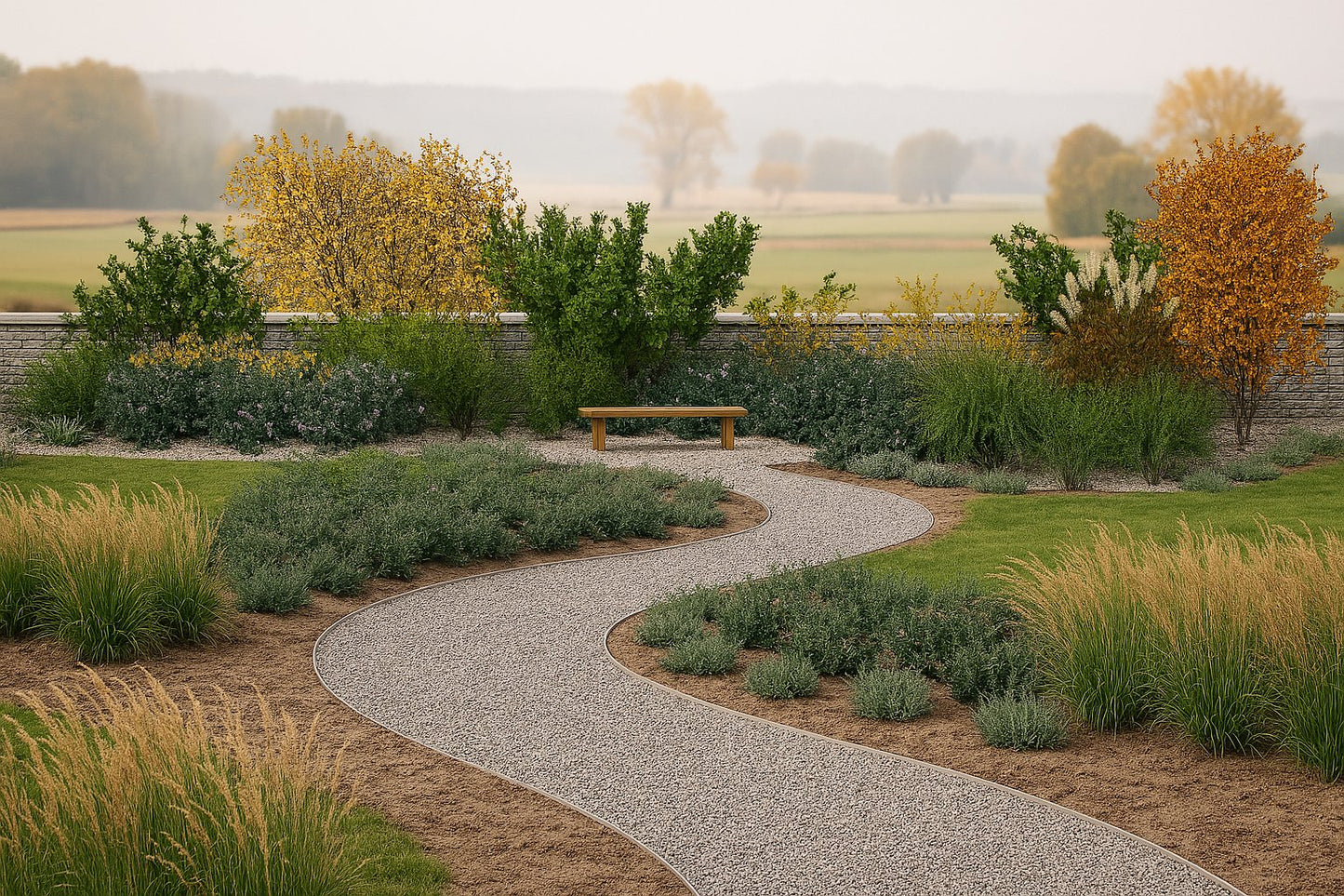 An autumn morning in the garden - a winding path invites a stroll among golden plantings, tempting with the promise of rest amid nature