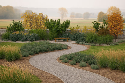 An autumn morning in the garden - a winding path invites a stroll among golden plantings, tempting with the promise of rest amid nature