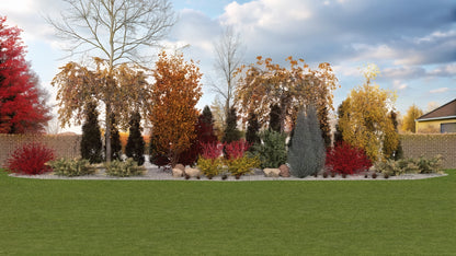 View of the border in autumn, with striking warm colors of the turning leaves