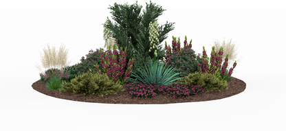 A summer symphony of color - the juniper surrounded by a profusion of pink and purple blooms, lit up by creamy yucca flower spikes and softly contrasted by golden plumes of ornamental grasses