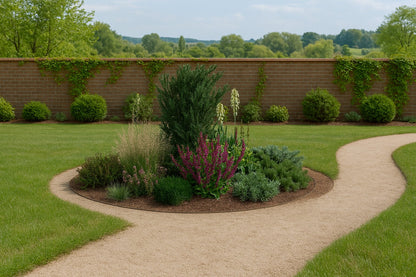 In summer the island bed draws the eye with its intensely flowering plants, forming a central focal point where gravel paths cross amid the surrounding lawn