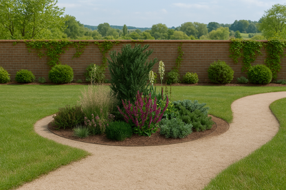 In summer the island bed draws the eye with its intensely flowering plants, forming a central focal point where gravel paths cross amid the surrounding lawn