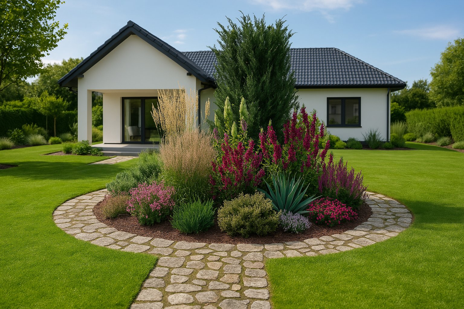 The circular heathland bed, full of summer color, pairs beautifully with the home's modern architecture, creating a striking garden accent