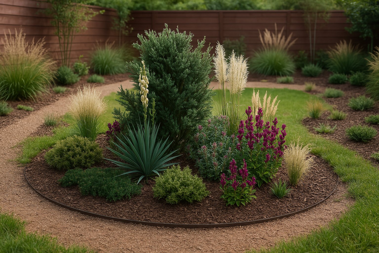 The island bed creates an oasis of color along a gravel garden path - intensely purple mountain laurels, creamy yucca flower spikes, and golden grasses harmoniously encircle the central juniper