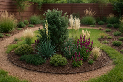 The island bed creates an oasis of color along a gravel garden path - intensely purple mountain laurels, creamy yucca flower spikes, and golden grasses harmoniously encircle the central juniper