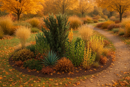 The autumn face of the island captivates with a warm palette of gold and coppery-russet hues, while the evergreen juniper and yucca form a picturesque composition against a backdrop of park trees