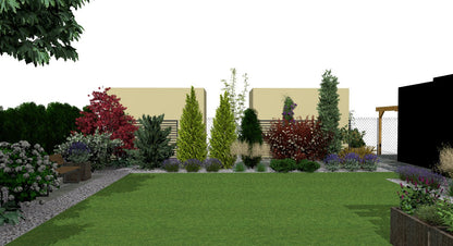 Summer visualization of the Needles and Colors evergreen privacy border