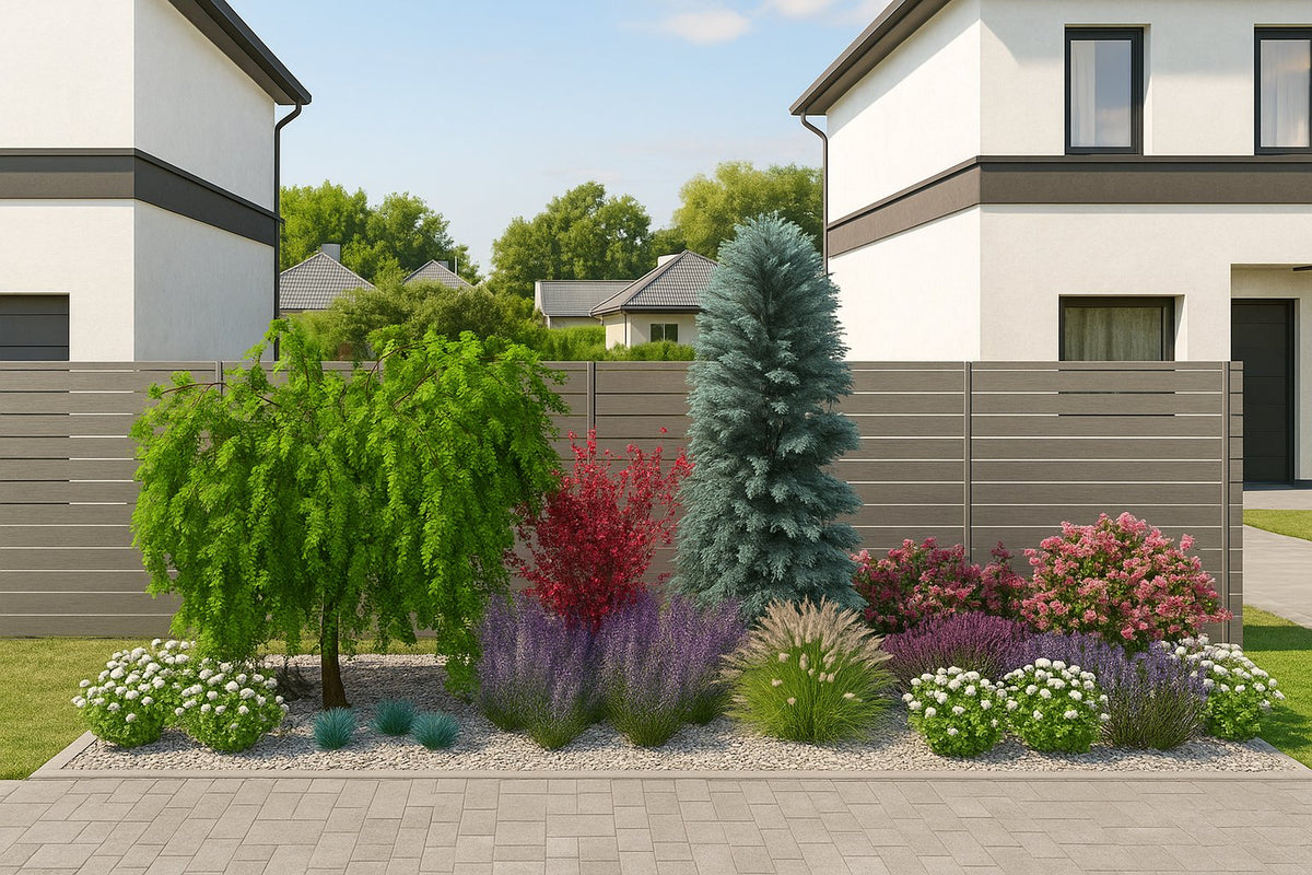 The garden bed in summer - intense purples, red barberry accents, and silvery juniper create a striking bed set against modern townhouse surroundings
