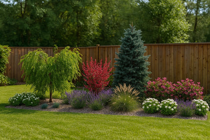 Peak summer bloom - the bed along the fence displays a rich color palette, creating a striking contrast with the natural backdrop of the lawn