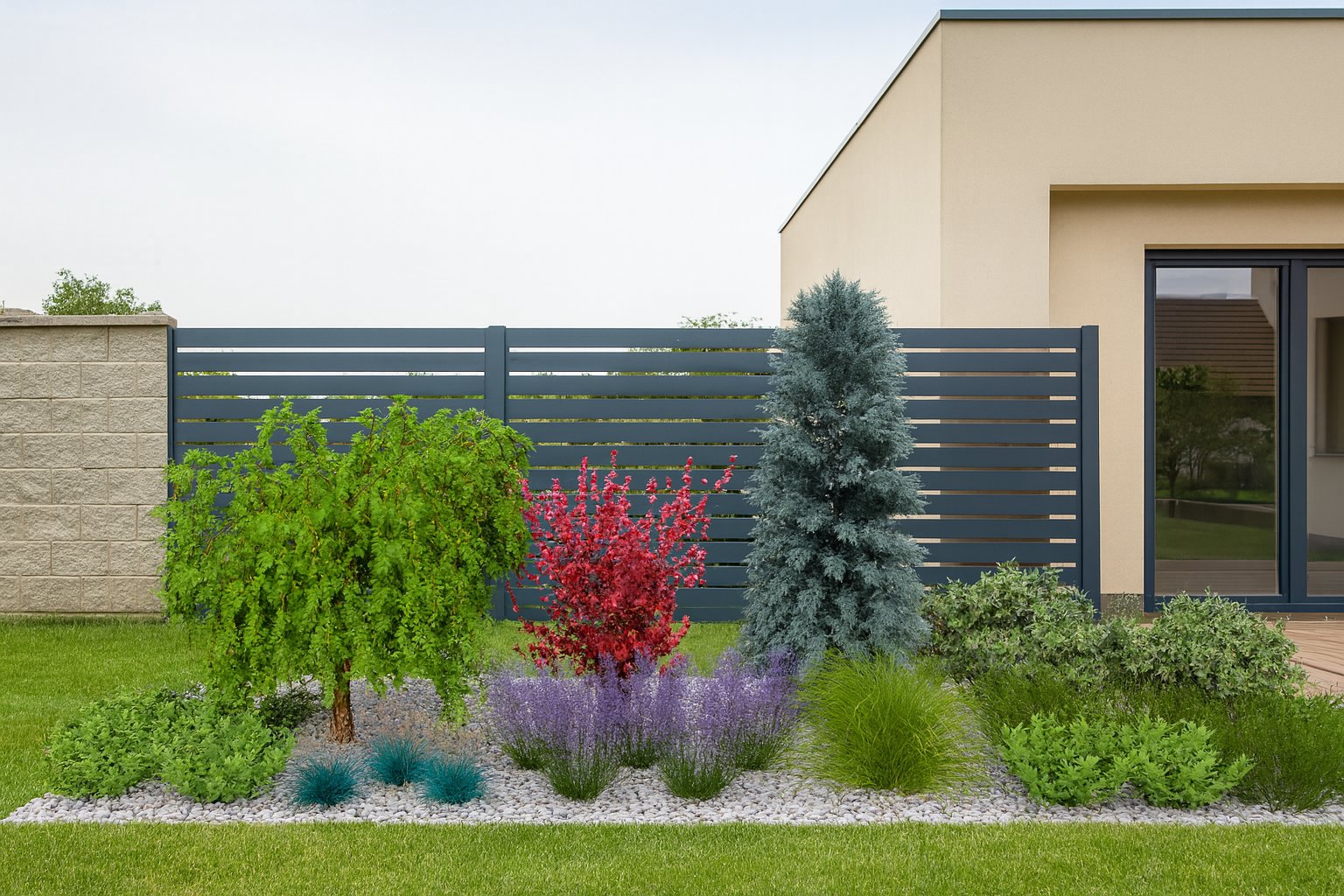 The garden bed's spring awakening - fresh greens contrast with the red of barberry and silvery juniper beside the modern architecture of the house and fence