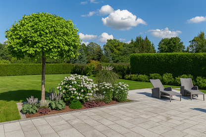 Summer bed in the relaxation zone - hydrangeas and coneflowers in full bloom with the first miscanthus plumes