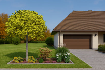 Autumn colors of the composition in front of the house, with the yellow crown of the catalpa, decorative miscanthus, and perennials still in bloom