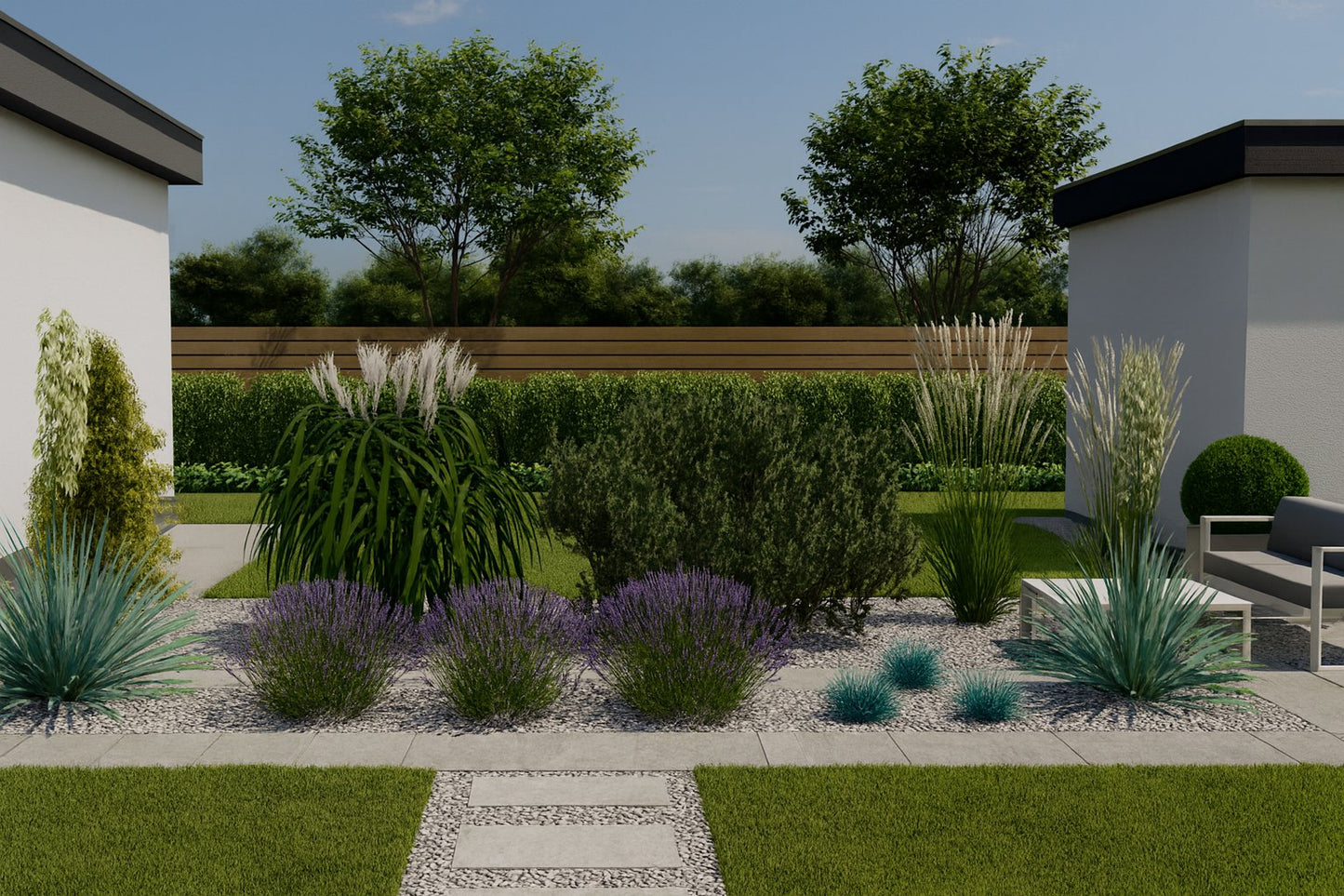 A summer scene harmoniously combining lavender blooms with showy ornamental grasses and yuccas, complementing the modern architecture of a garden seating area