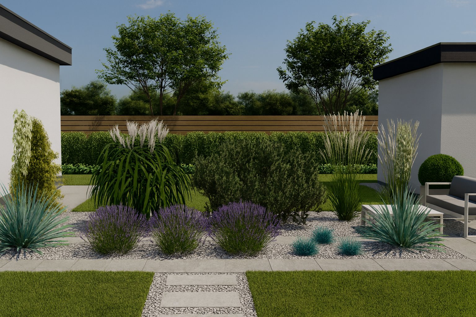 A summer scene harmoniously combining lavender blooms with showy ornamental grasses and yuccas, complementing the modern architecture of a garden seating area