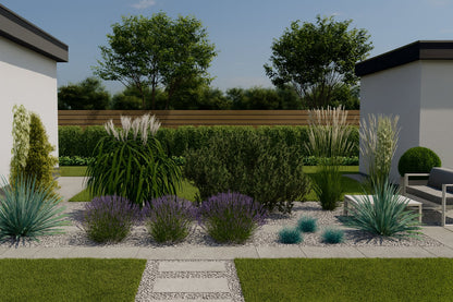 A summer scene harmoniously combining lavender blooms with showy ornamental grasses and yuccas, complementing the modern architecture of a garden seating area