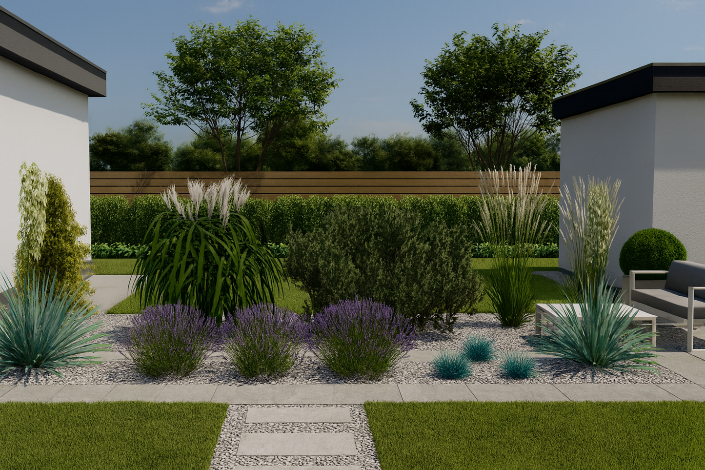 A summer scene harmoniously combining lavender blooms with showy ornamental grasses and yuccas, complementing the modern architecture of a garden seating area