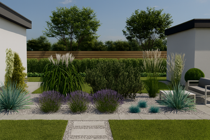 A summer scene harmoniously combining lavender blooms with showy ornamental grasses and yuccas, complementing the modern architecture of a garden seating area