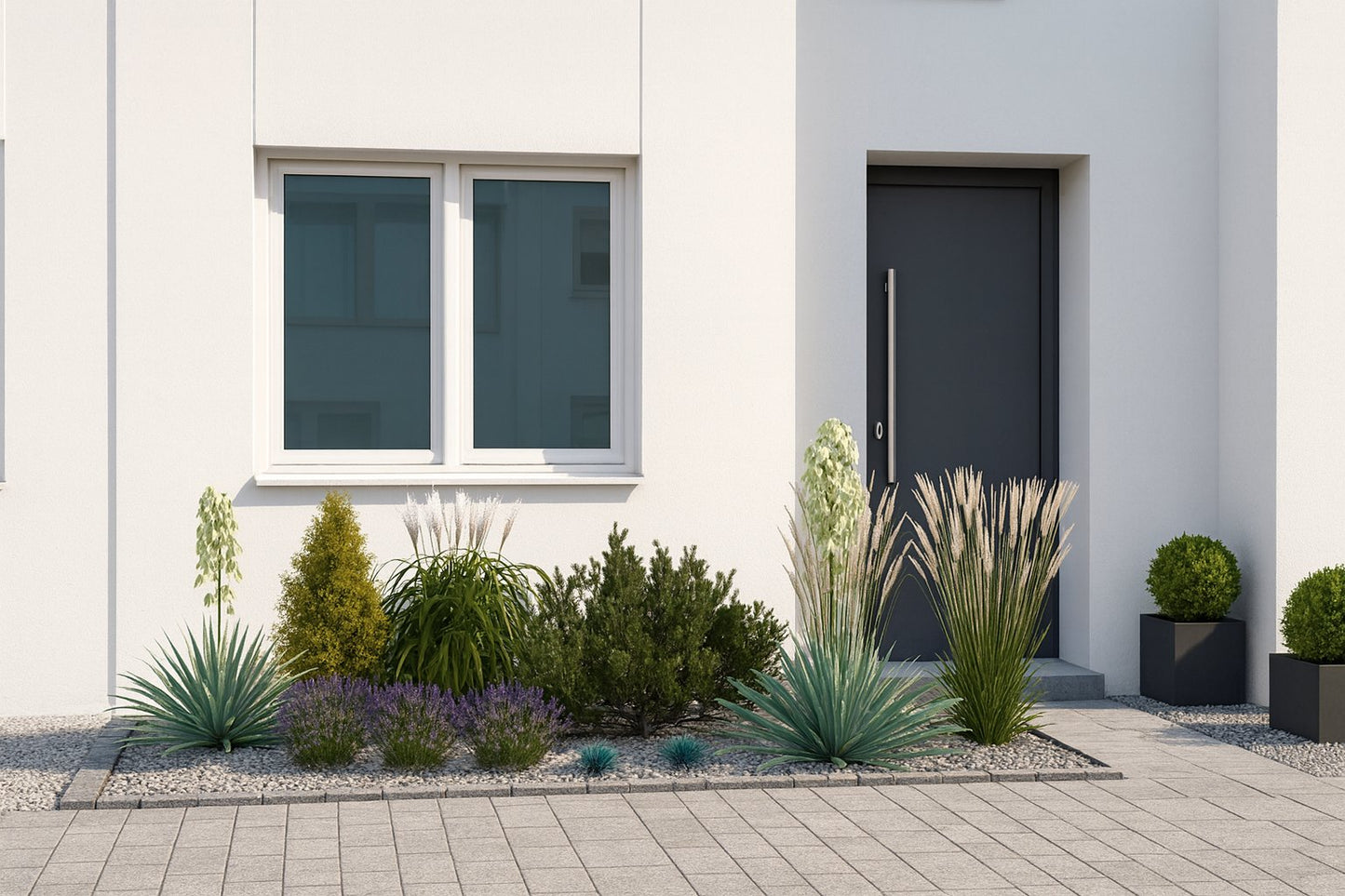 In summer, this showcase bed by the home's entrance combines aromatic lavender with striking grasses and evergreen conifers, creating an elegant calling card for modern architecture